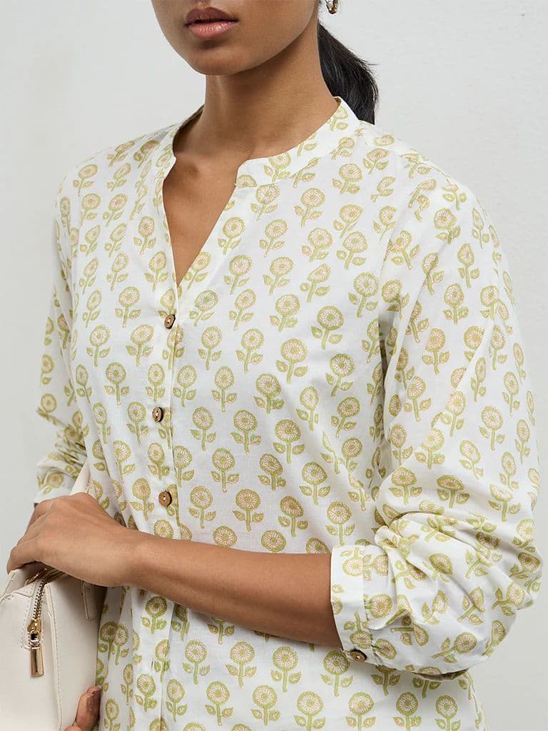Utsa Off-White Floral Design Cotton Tunic — photo 3