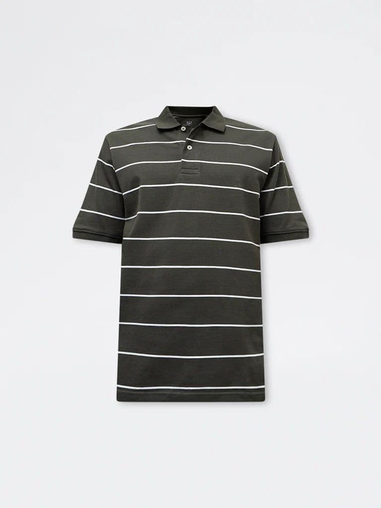 WES Casuals Dark Olive Striped Relaxed-Fit Cotton Polo T-Shirt — photo 5