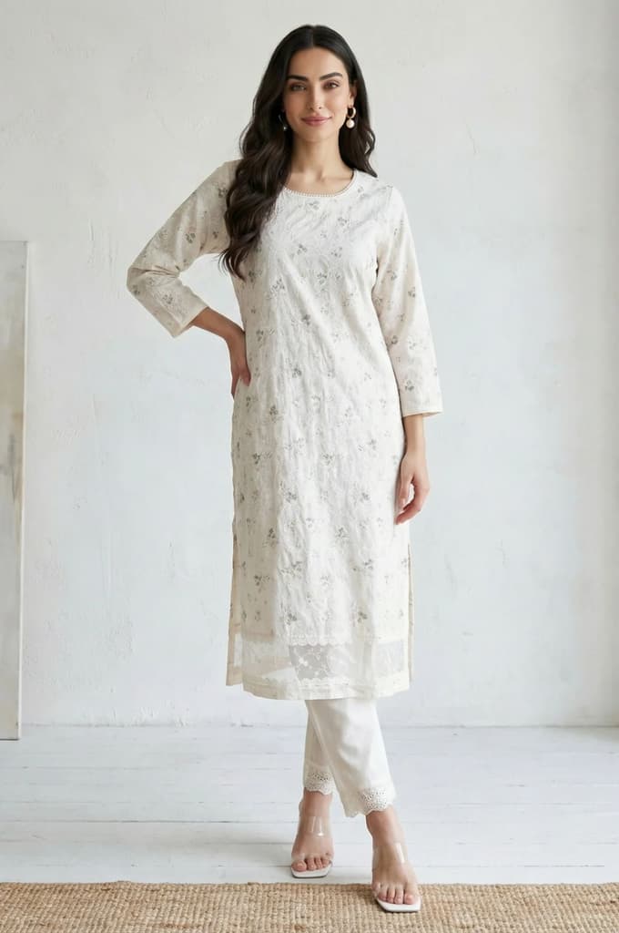 Off-White Solid Lace Pure Cotton Ankle Length Straight Pants — photo 2
