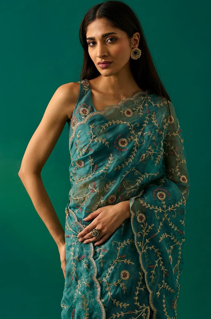 Teal Floral Embroidered Zari Work Tissue Satin Saree with Unstitched Blouse — photo 2