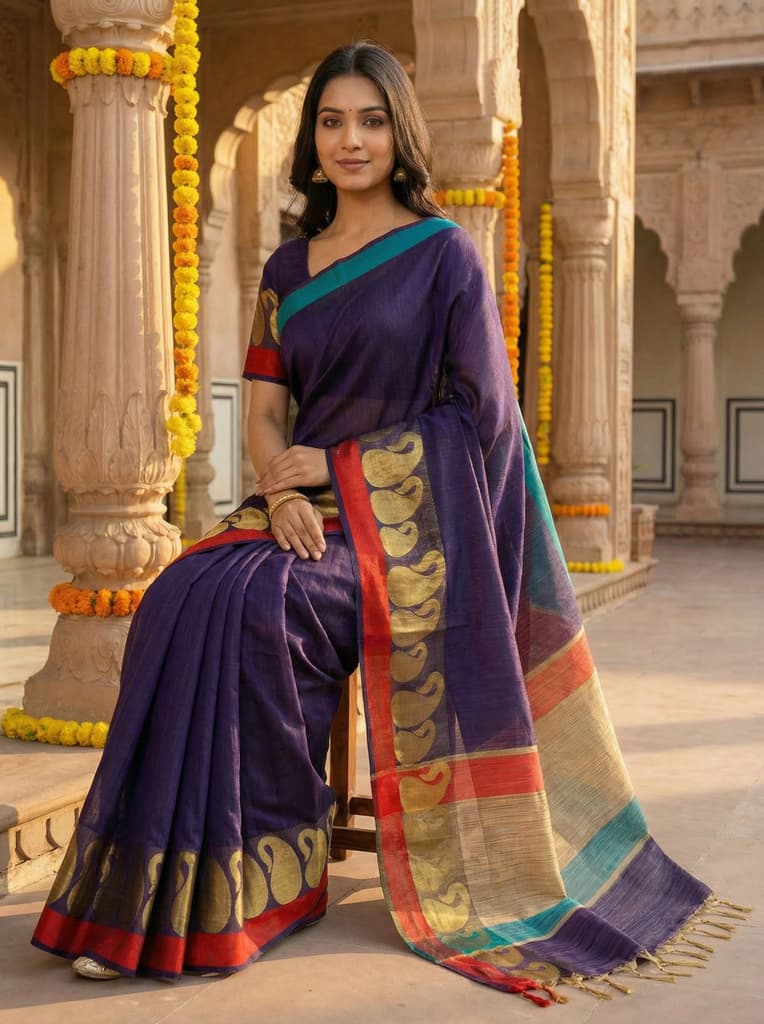MIMOSA Women's Woven Design Banarasi Style Linen Saree with Blouse Piece - Navy ( SA00003151NVFREE ) — photo 4
