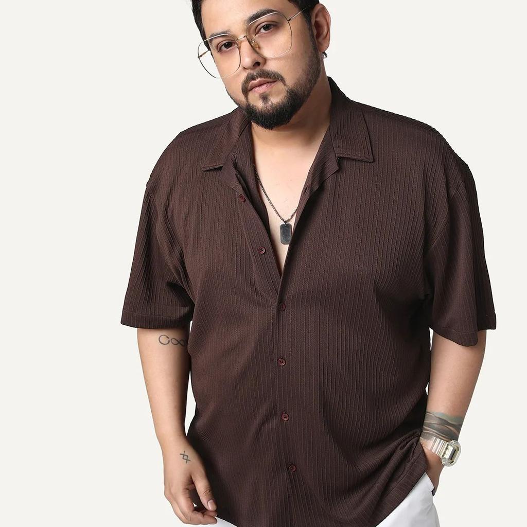 Plus Men's Brown Cotton Half Sleeve Oversized Fit Textured Shirt with Cuban Collar