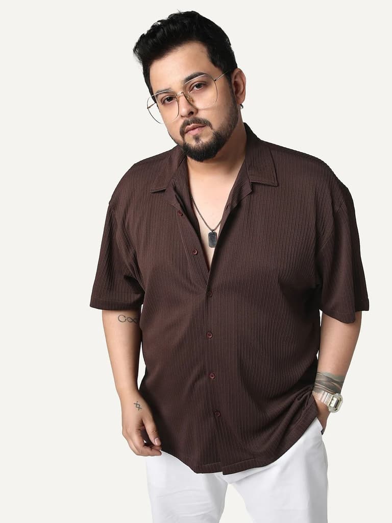 Plus Men's Brown Cotton Half Sleeve Oversized Fit Textured Shirt with Cuban Collar — 2XL / Brown