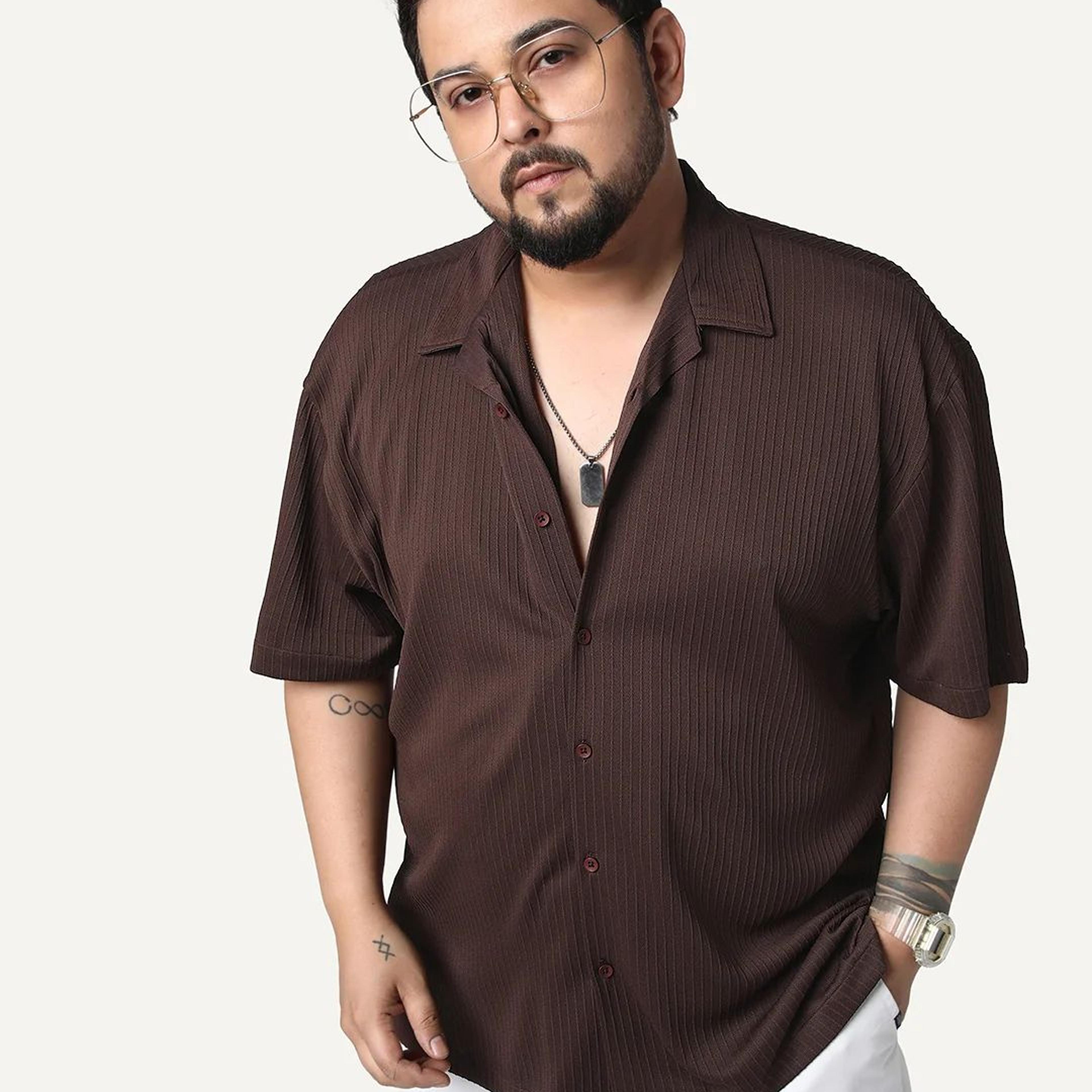 Plus Men's Brown Cotton Half Sleeve Oversized Fit Textured Shirt with Cuban Collar