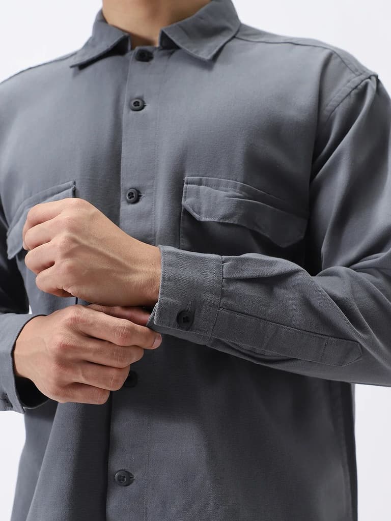 Men's Grey Cotton Full Sleeve Relaxed Fit Shacket with Utility Pockets — photo 7