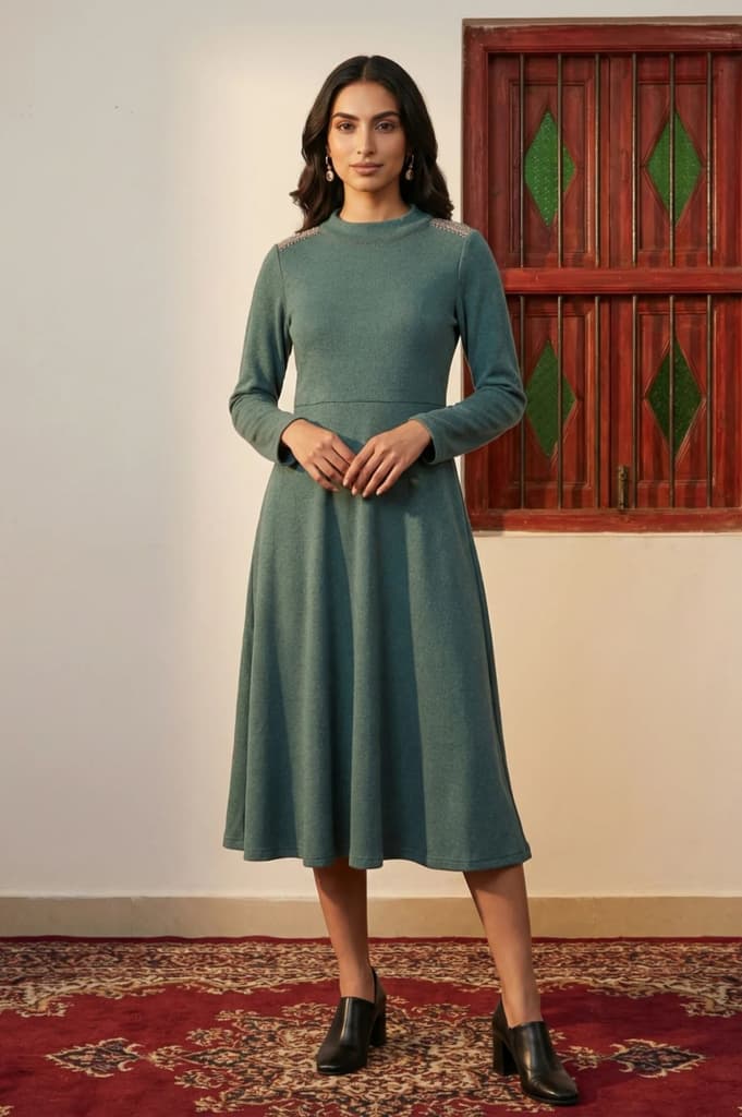 Teal Solid Beadwork Flared Winter Dress — XS