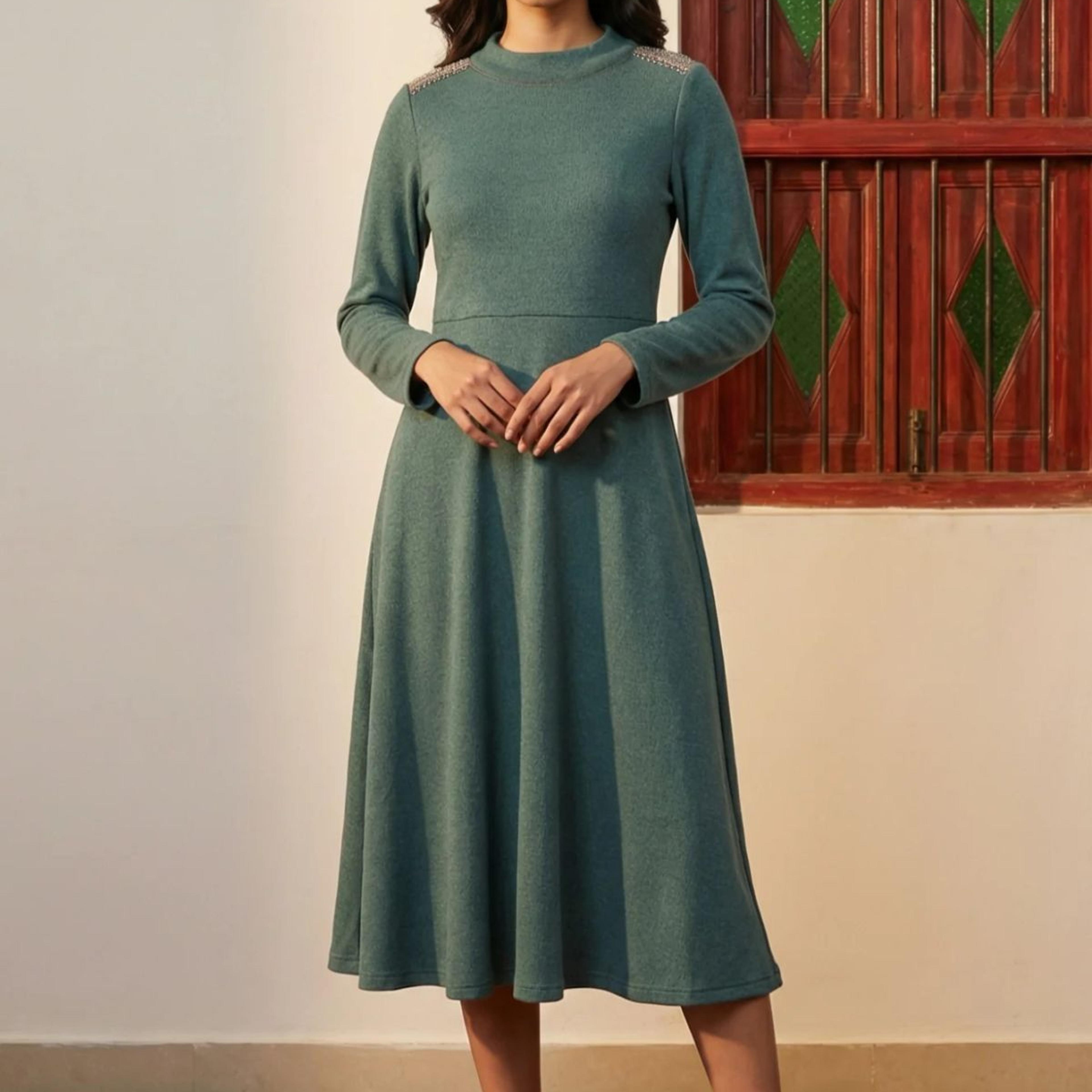 Teal Solid Beadwork Flared Winter Dress