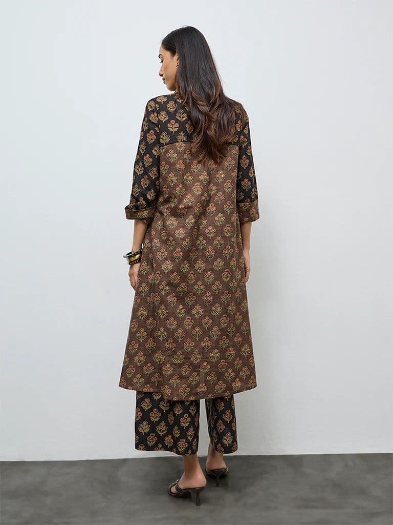 Utsa Taupe Botanical Design Cotton A-Line Kurta — photo 4