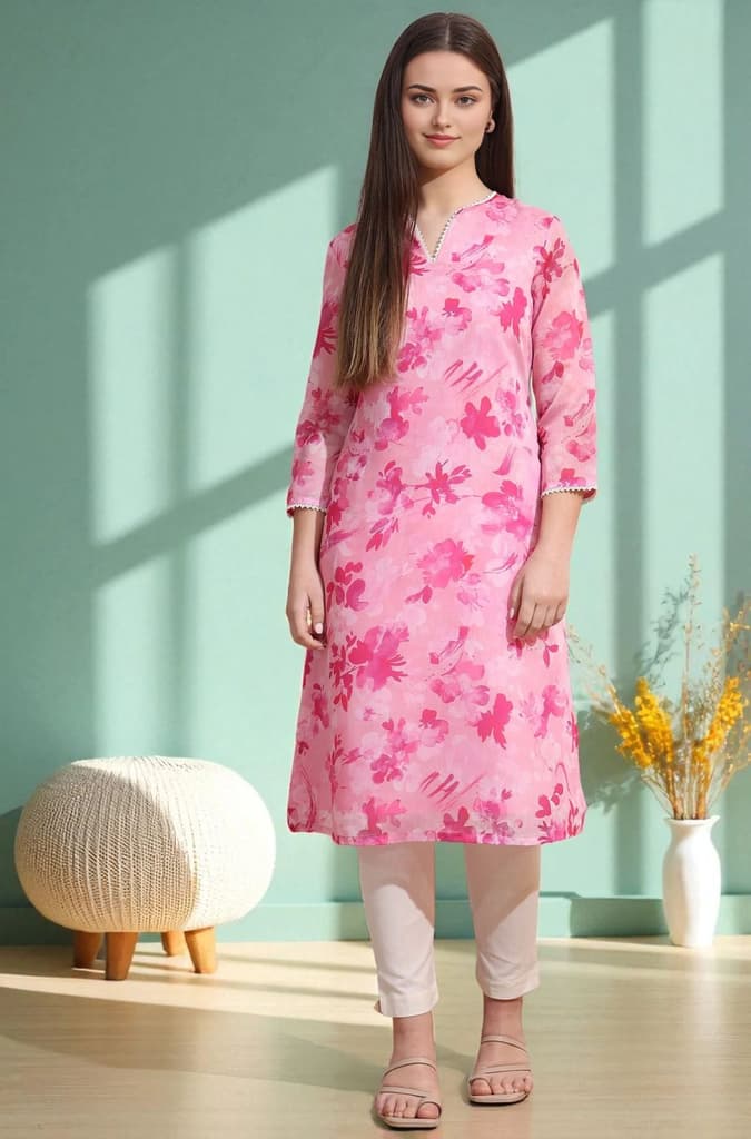 Pink Bold Floral Printed Pure Cotton Straight Kurta with Lace — XS