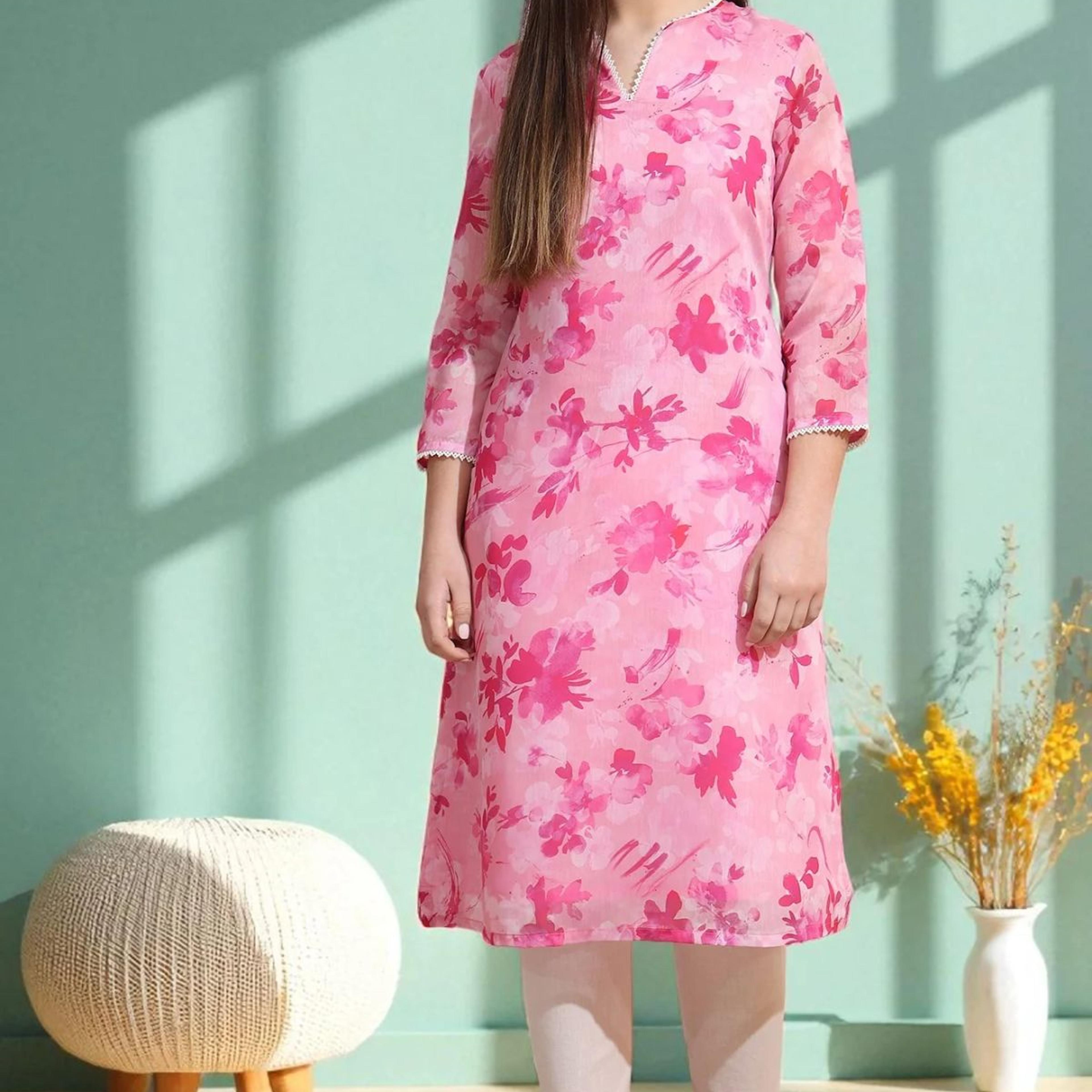 Pink Bold Floral Printed Pure Cotton Straight Kurta with Lace