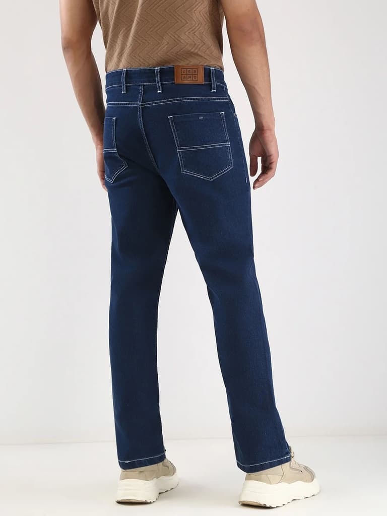 Men's Blue Straight Fit Washed Jeans Stretchable — photo 3