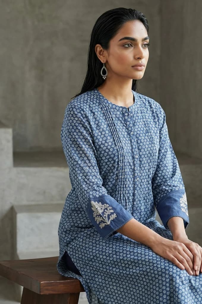 Blue Floral Thread Embroidered Pure Cotton Straight Kurta — XS