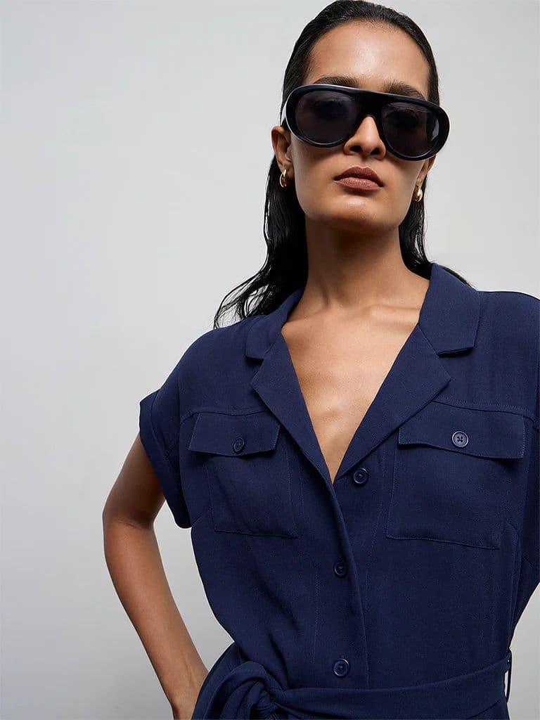 Wardrobe Navy Solid Shirt Dress with Belt — photo 3