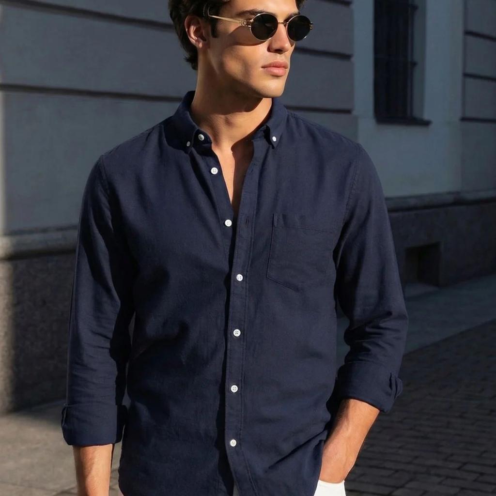 Men's Navy Cotton Full Sleeve Regular Fit Solid Oxford Shirt With Button-Down Collar
