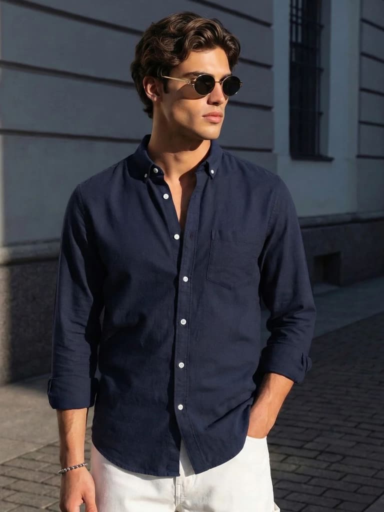 Men's Navy Cotton Full Sleeve Regular Fit Solid Oxford Shirt With Button-Down Collar — S / Navy