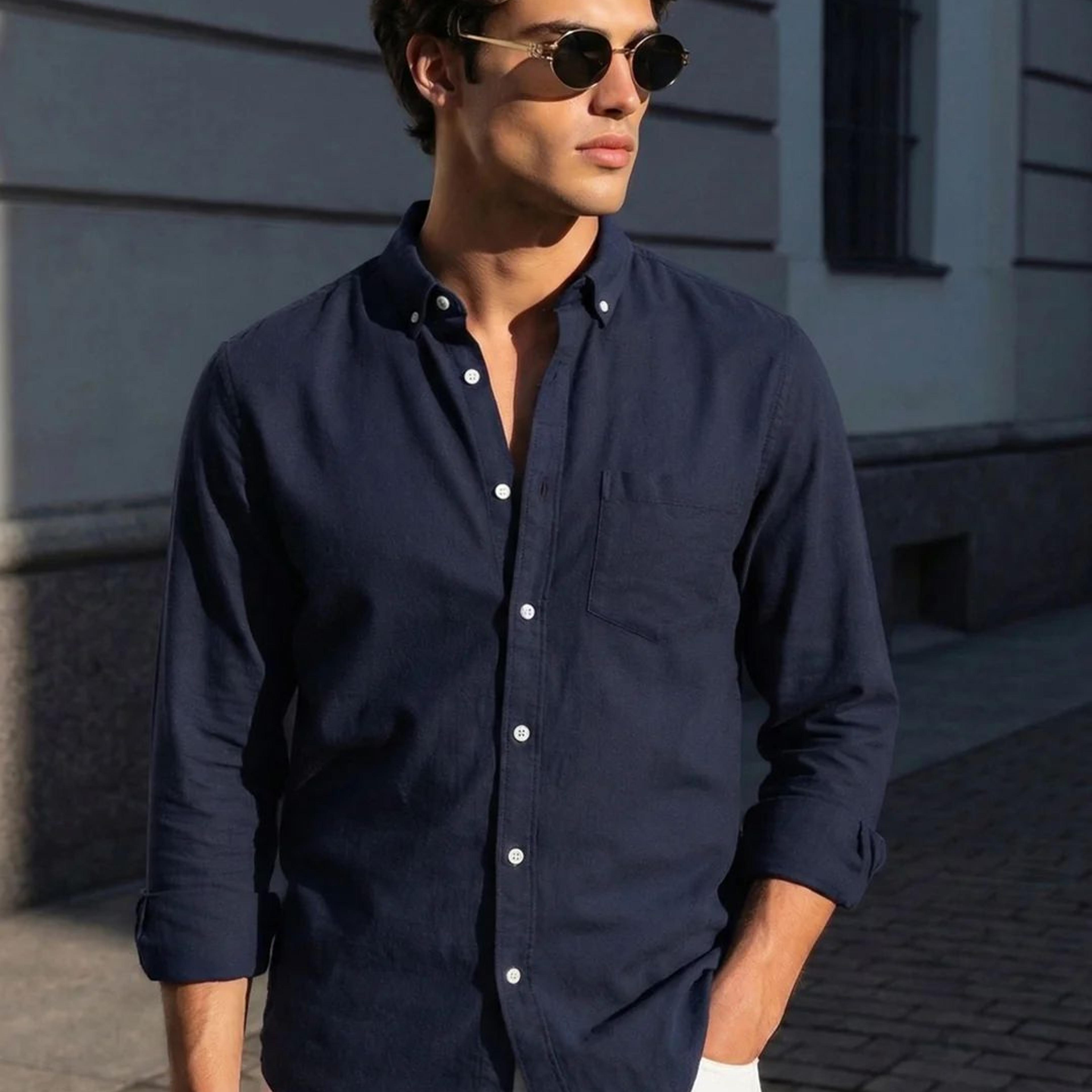 Men's Navy Cotton Full Sleeve Regular Fit Solid Oxford Shirt With Button-Down Collar