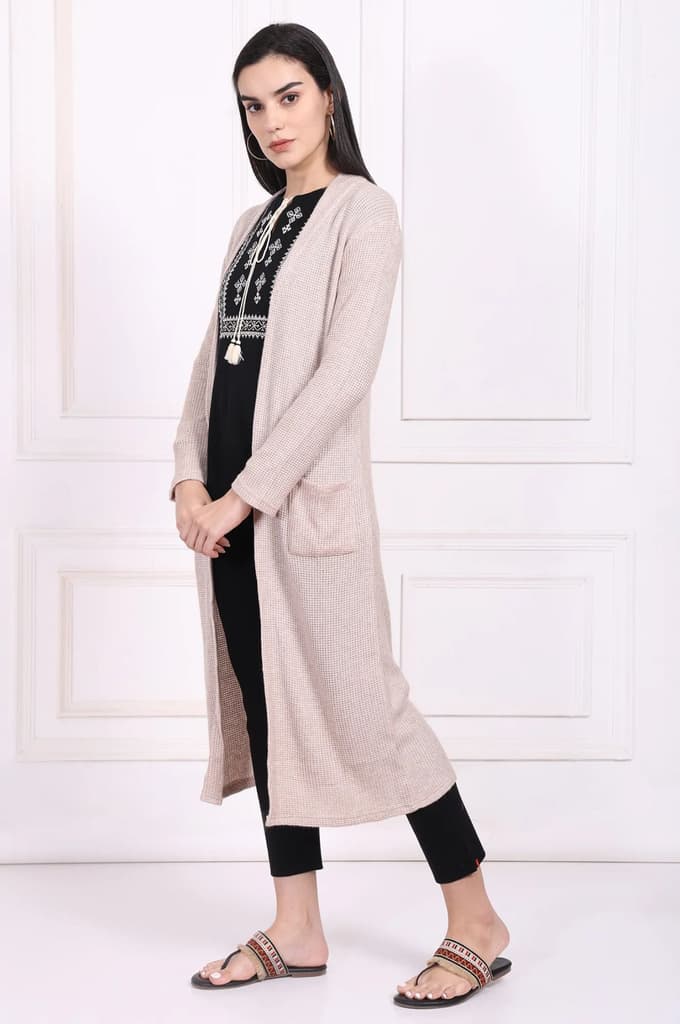 Beige Solid Rayon Winter Trench Jacket — photo 4