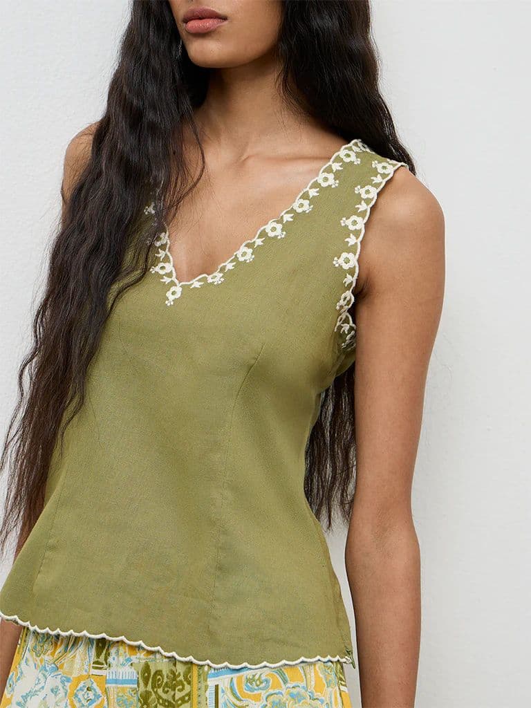 Bombay Paisley Olive Embroidered Cotton-Blend Top — photo 3
