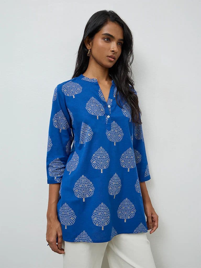 Utsa Indigo Leaf Pattern Cotton-Blend Tunic — photo 2