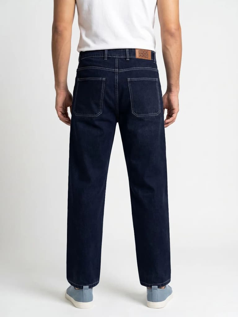 Men's Dark Blue Loose Baggy Fit Washed Denim Jeans Non-Stretchable — photo 3