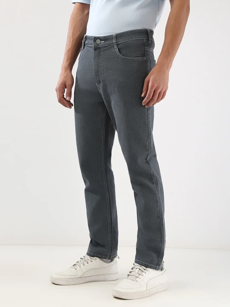 Men's Grey Straight Fit Washed Jeans Stretchable — photo 2