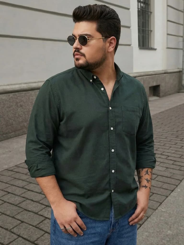 Plus Men's Dark Green Cotton Full Sleeve Regular Fit Solid Oxford Shirt With Button-Down Collar — 2XL / Dark Green