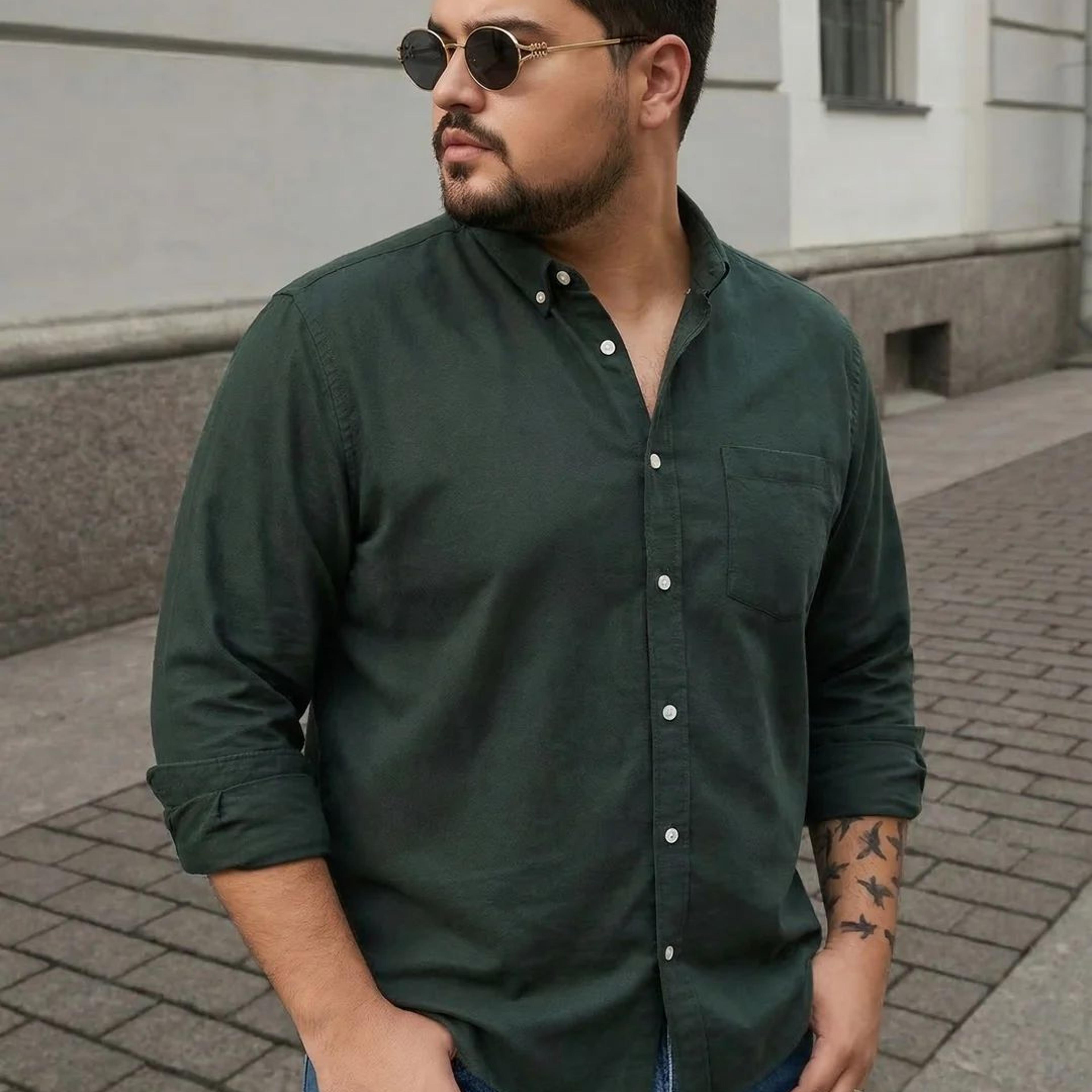 Plus Men's Dark Green Cotton Full Sleeve Regular Fit Solid Oxford Shirt With Button-Down Collar