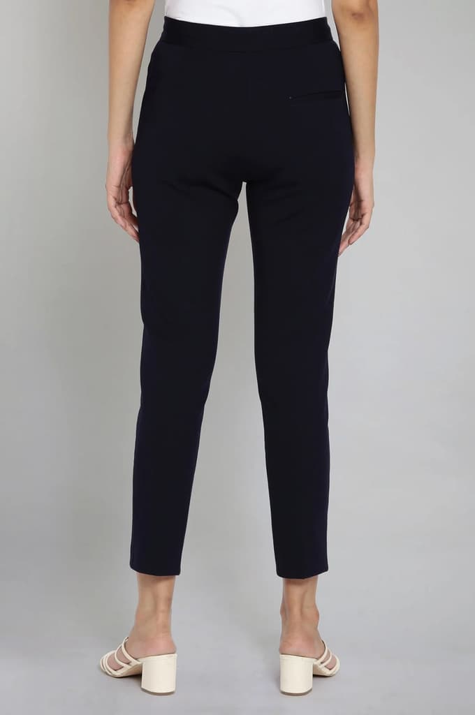 Navy Blue Solid Straight Fit Trousers With Pintuck Detail — photo 2