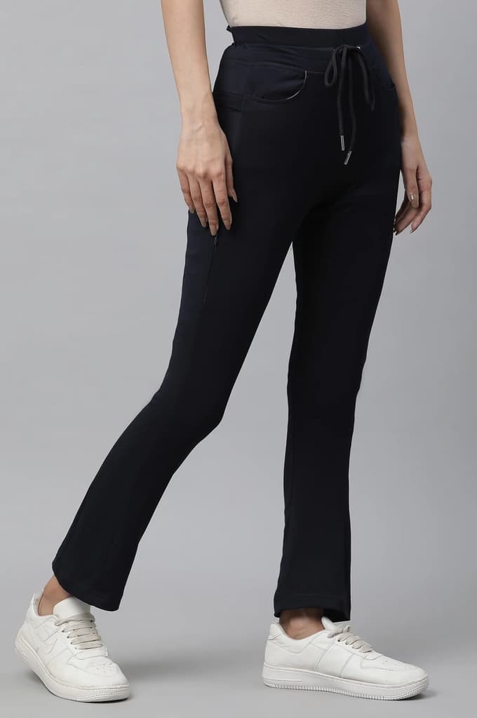 Navy Blue Solid Boot Cut Pants With Drawstring — photo 4