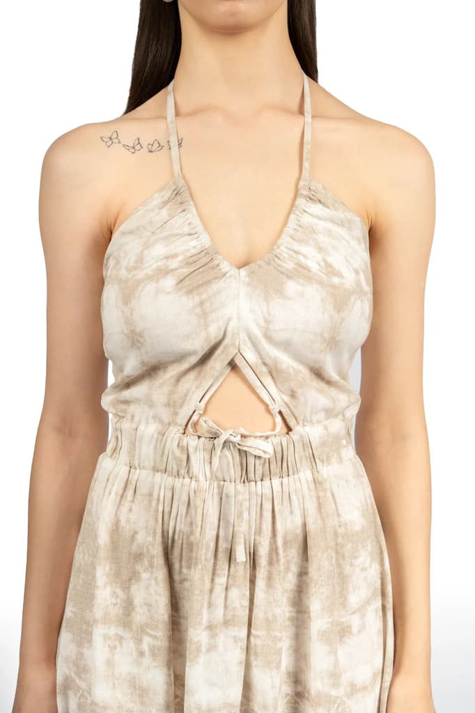 Off White & Brown Tie & Dye Fit & Flare Halter Dress — photo 5
