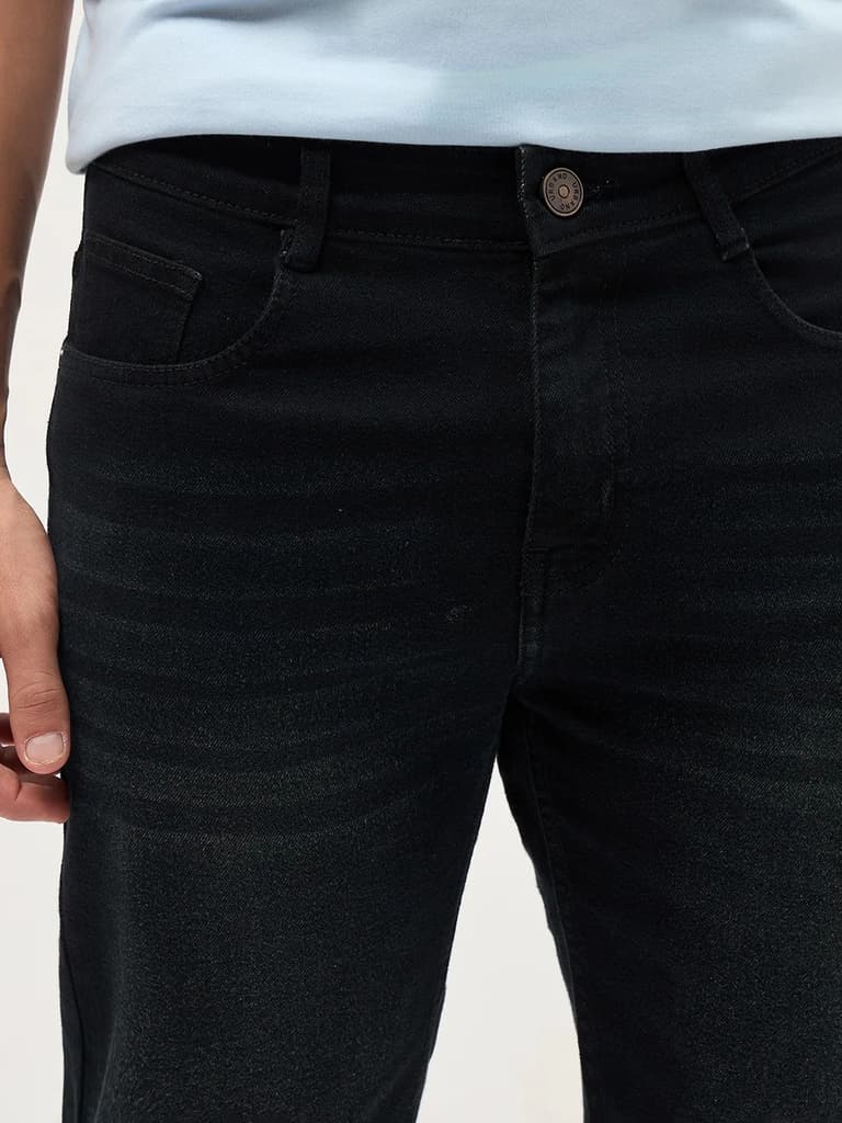 Men's Black Regular Fit Whisker Wash Yellow Tint Denim Jeans Stretchable — photo 6
