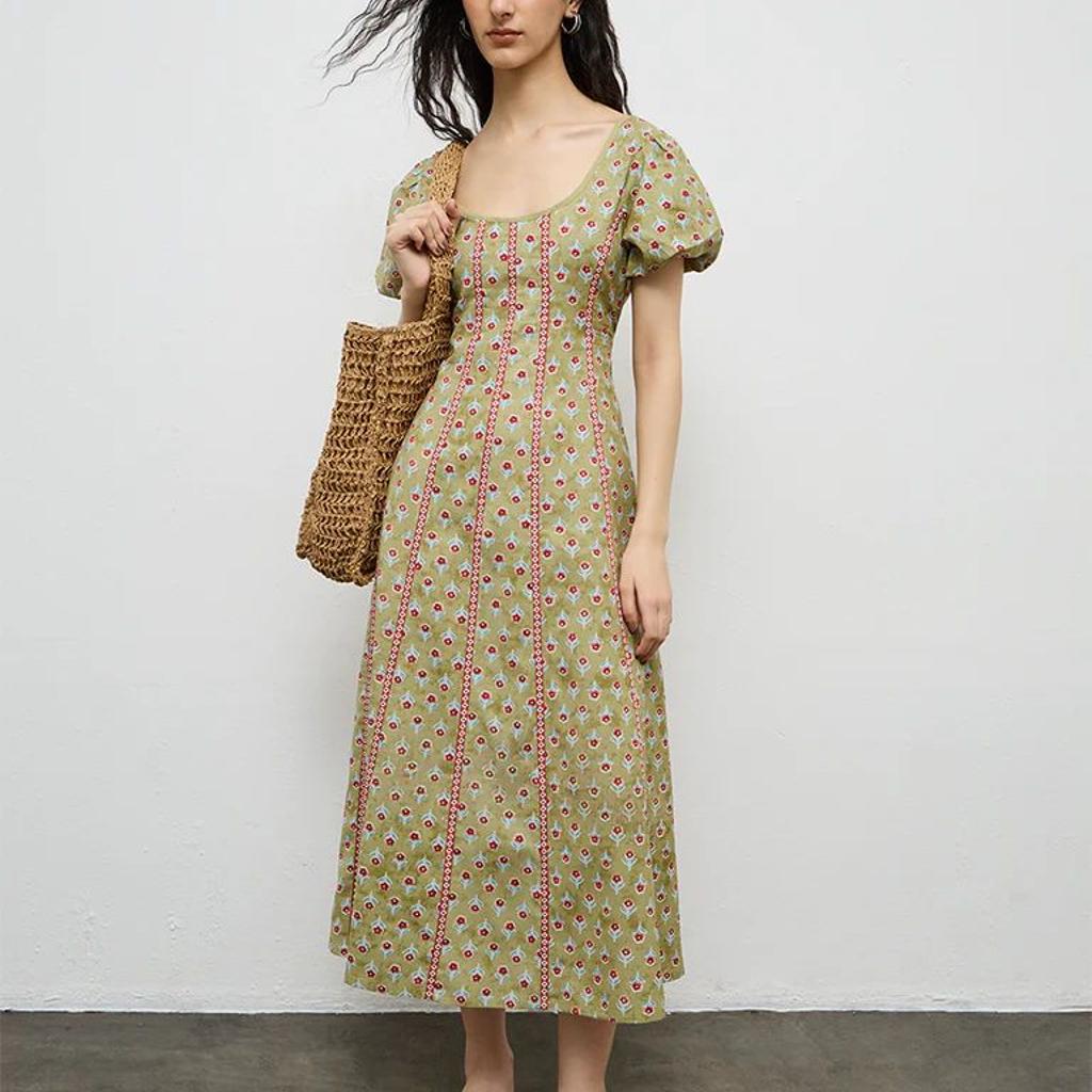 Bombay Paisley Green Printed A-Line Cotton-Blend Dress