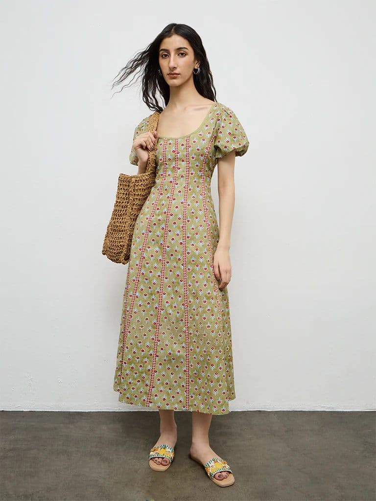 Bombay Paisley Green Printed A-Line Cotton-Blend Dress