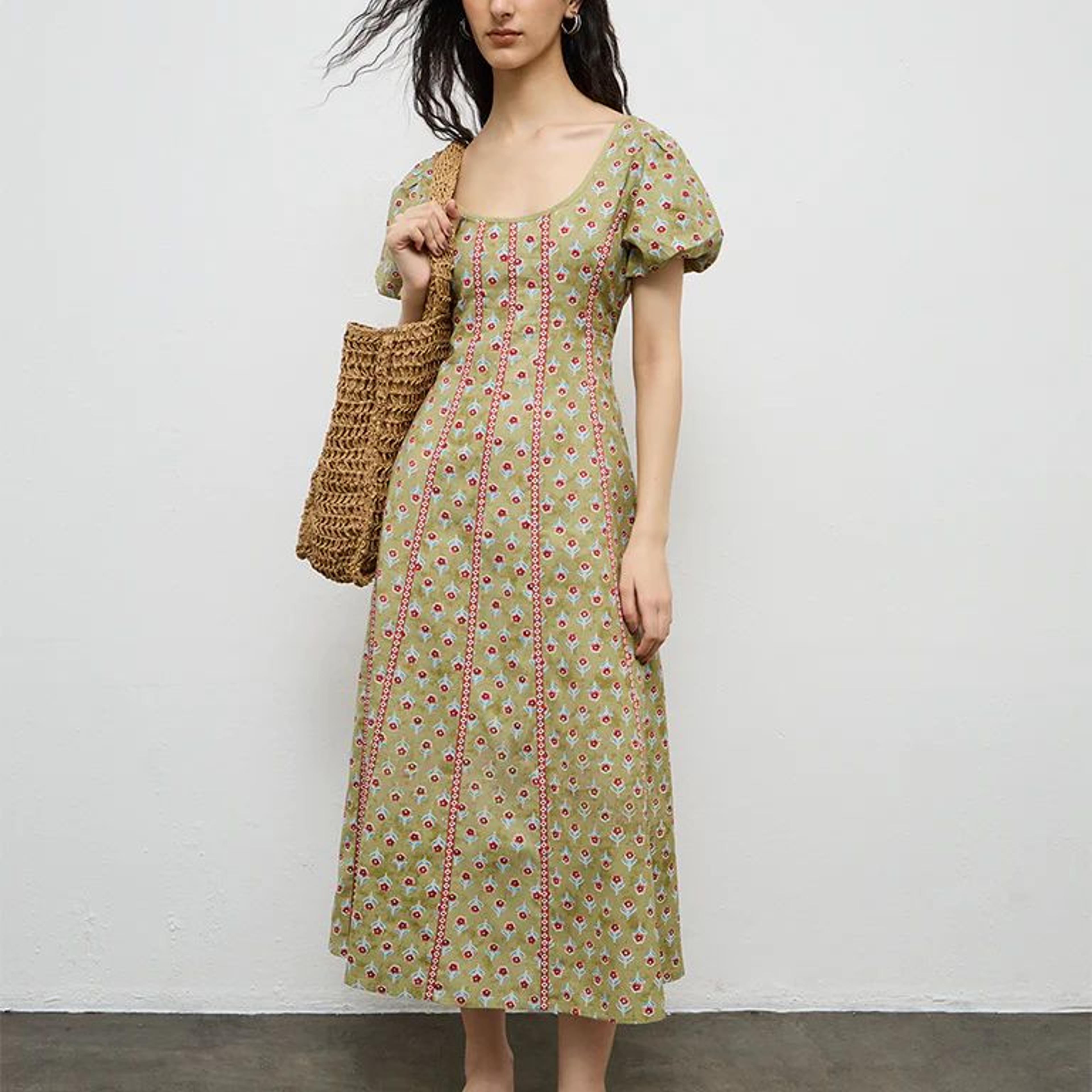 Bombay Paisley Green Printed A-Line Cotton-Blend Dress