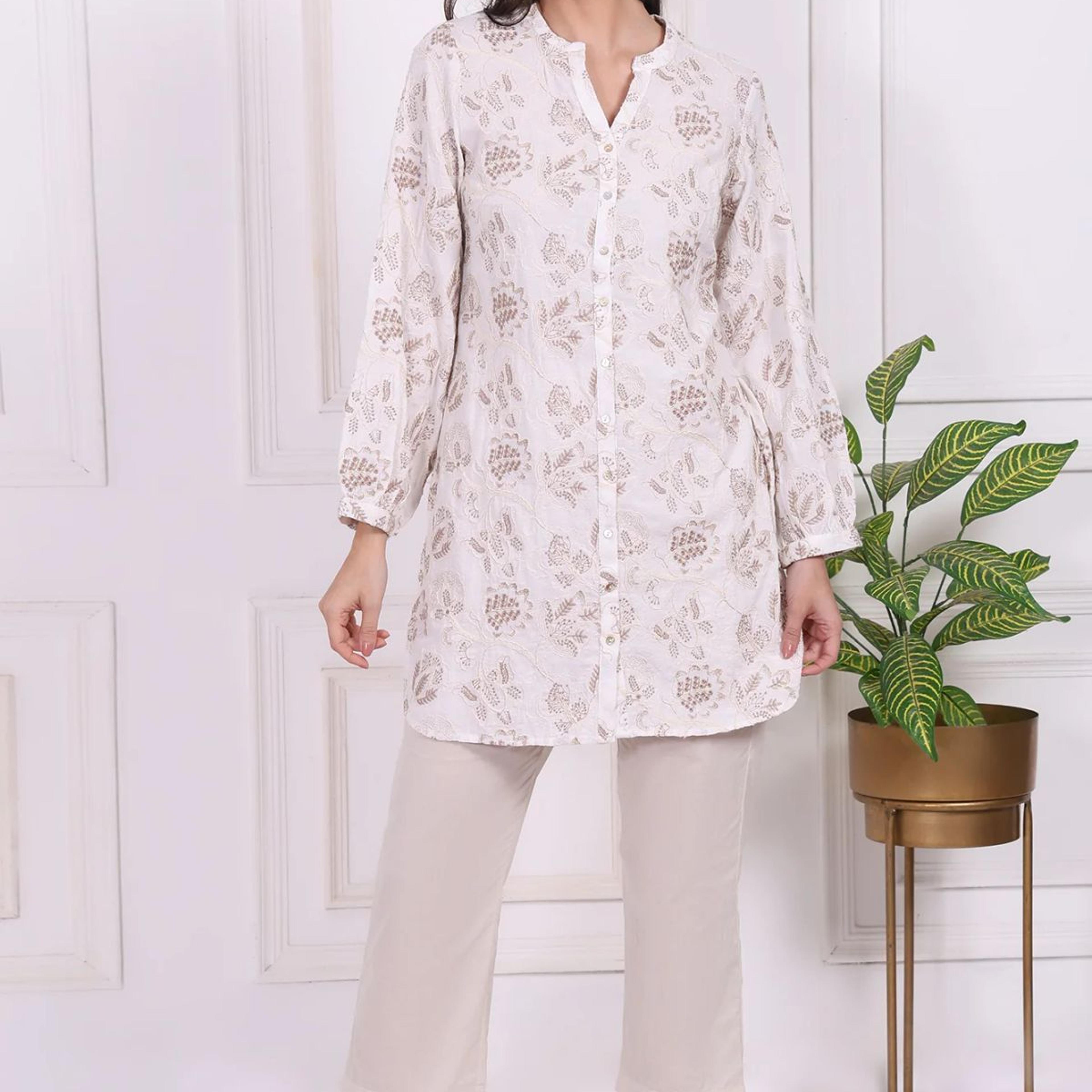 White Thread Embroidered Rayon Straight Tunic