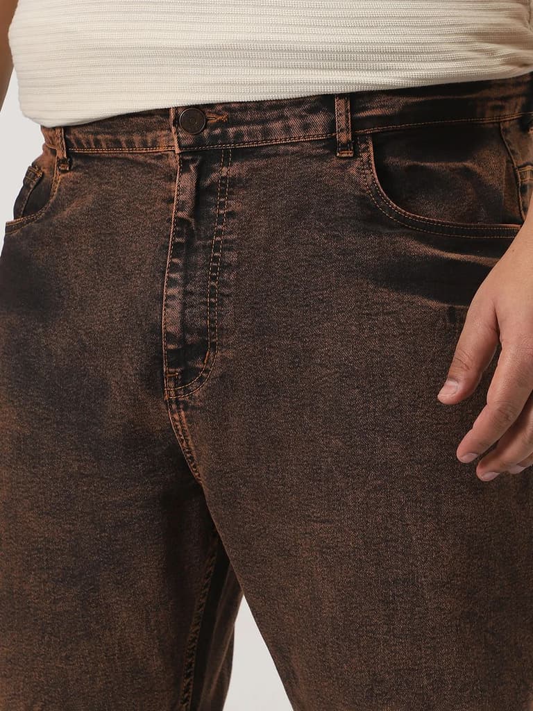 Plus Men's Light Brown Straight Fit Heavy Washed Jeans Stretchable — photo 5