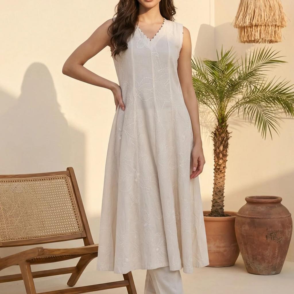 Off White Textured Rayon Blend Flared Kurta with Straight Pants Set