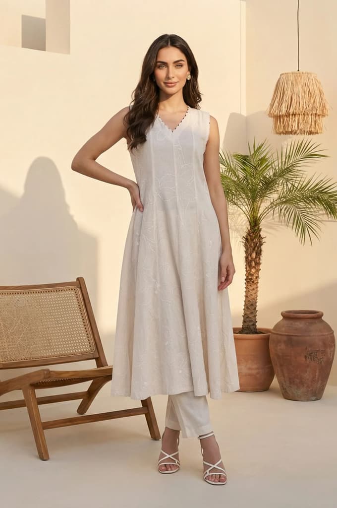 Off White Textured Rayon Blend Flared Kurta with Straight Pants Set — XS