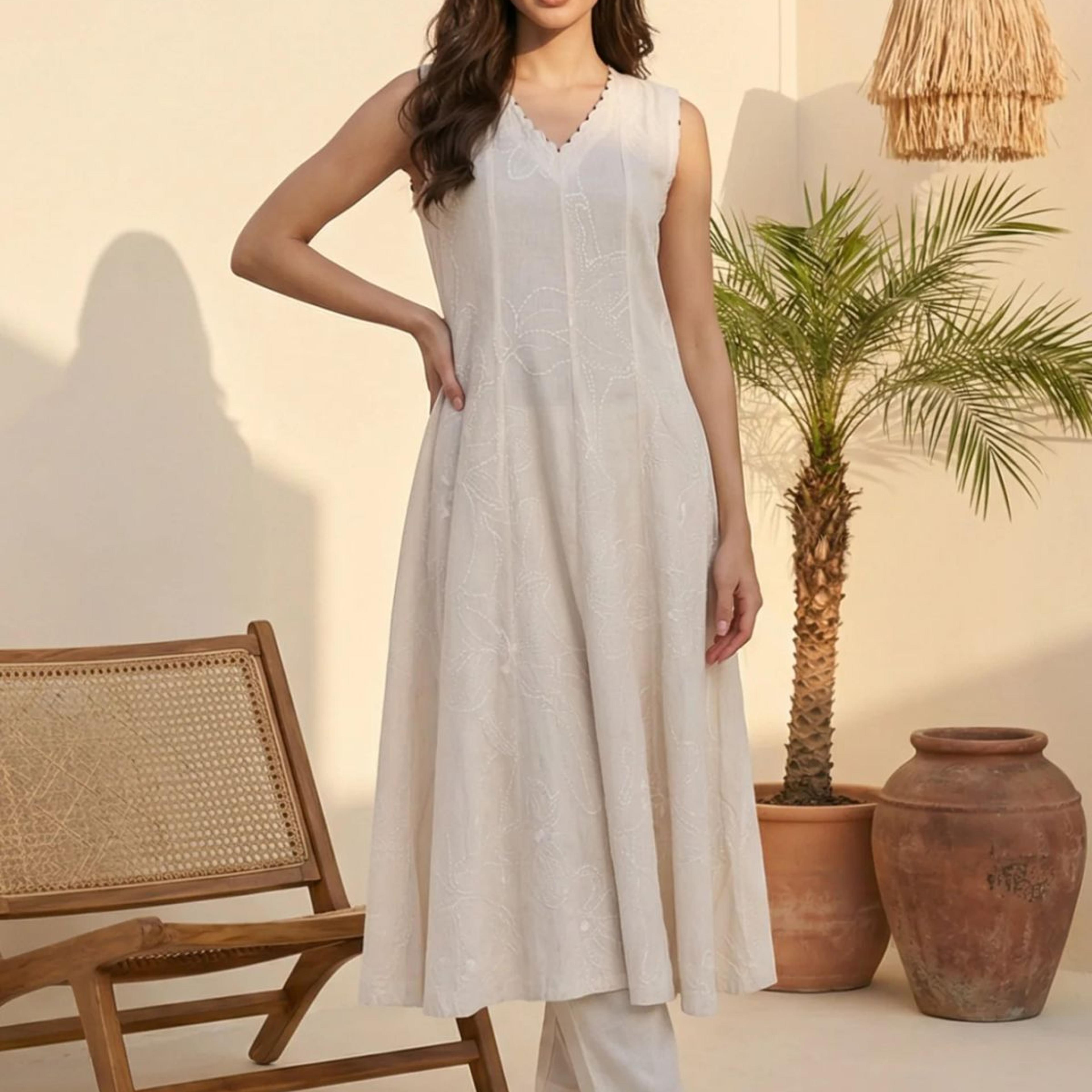 Off White Textured Rayon Blend Flared Kurta with Straight Pants Set