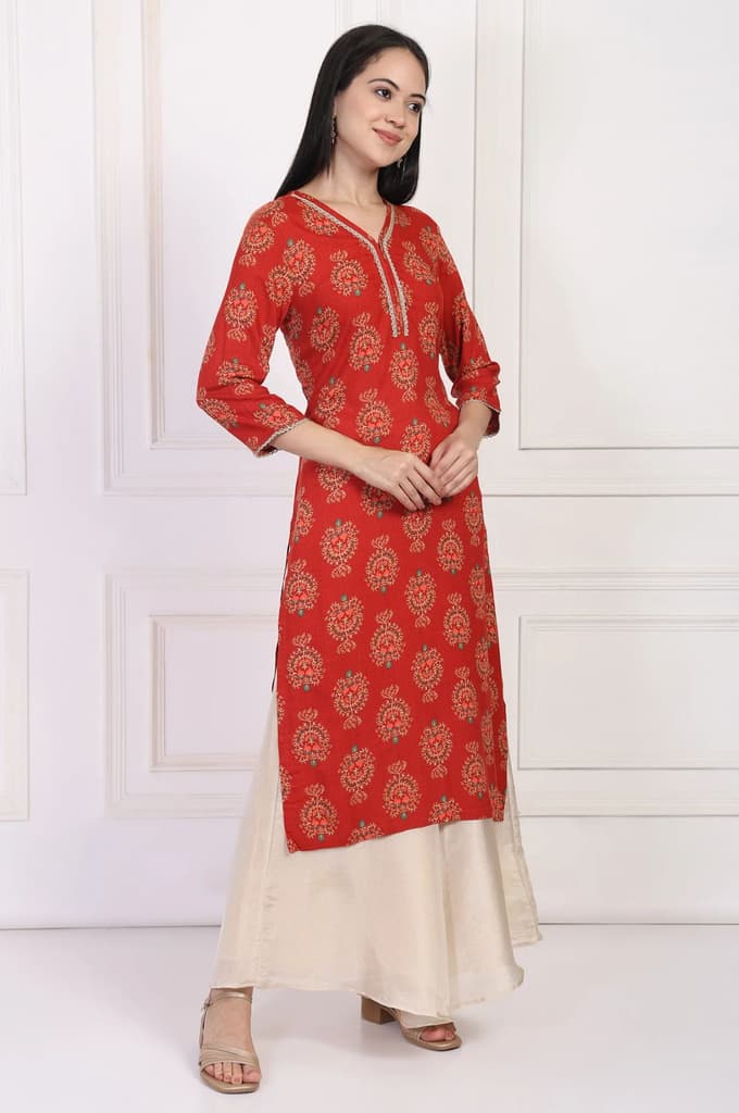 Red Floral Ethnic Printed Lace Trim Straight Rayon Kurta — photo 6
