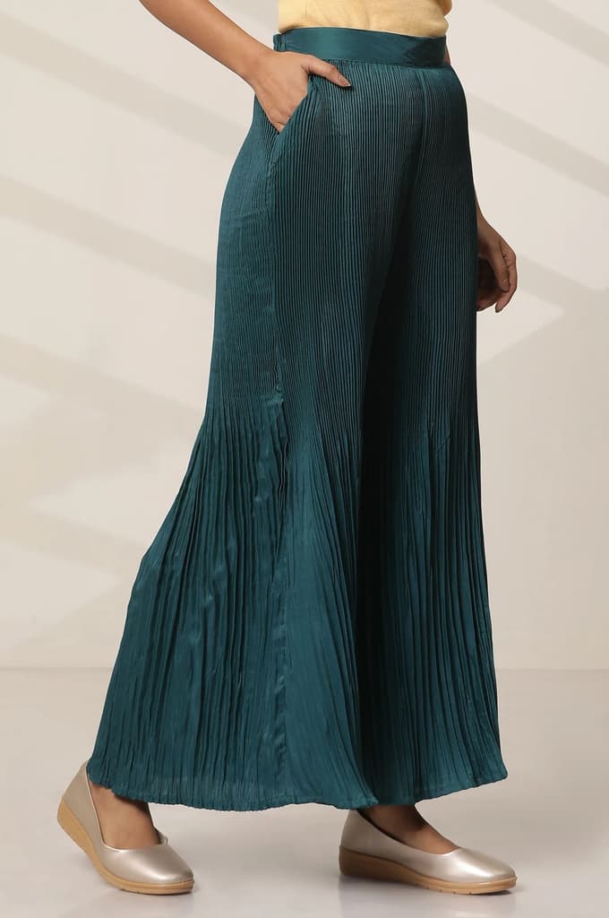Teal Solid Flared Woven Sharara With Pleats — photo 5