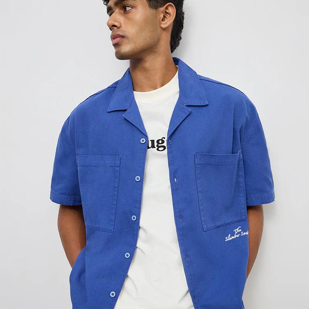 Nuon Blue Text-Detail Boxy-Fit Cotton Shirt