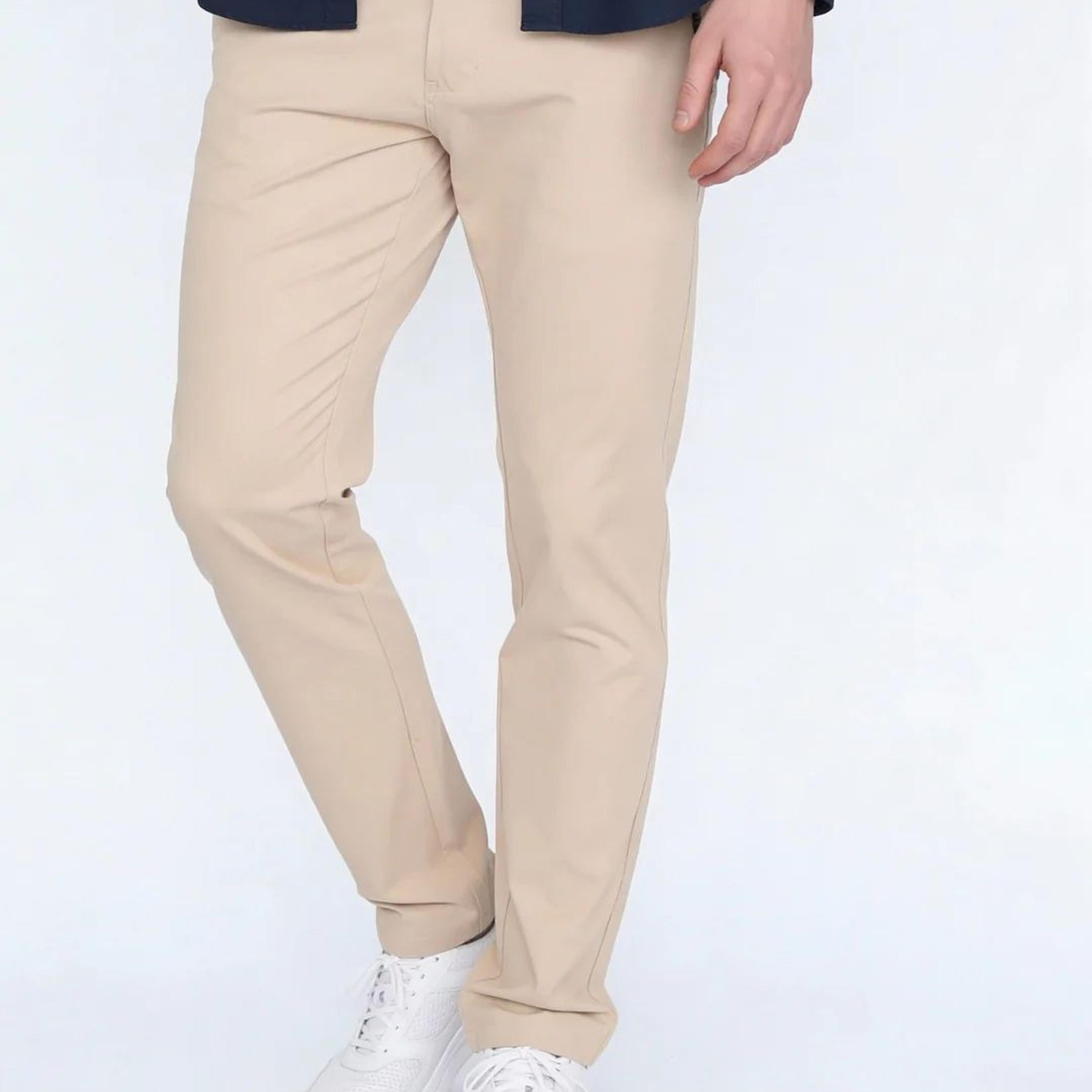 Men's Cream Straight Fit Mid Rise Cotton Casual Chinos Trousers Stretch