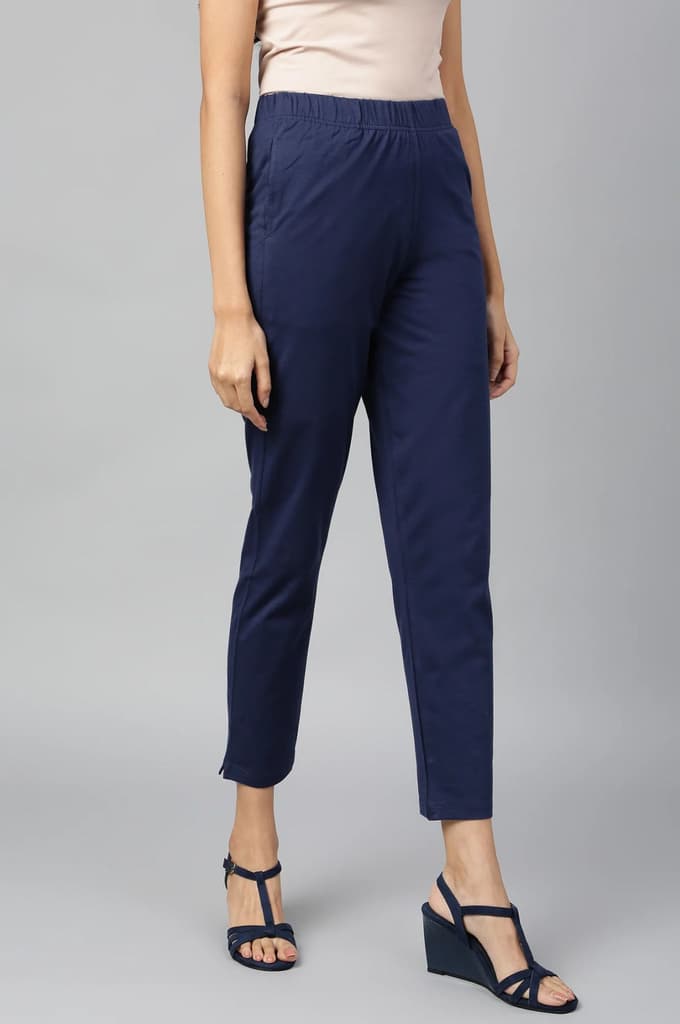 Navy Blue Solid Flared Cotton Pants With Elasticated Waist — photo 5