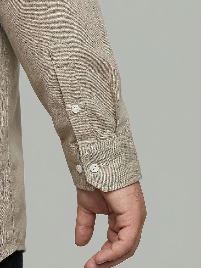 Plus Men's Khaki Cotton Full Sleeve Regular Fit Solid Oxford Shirt With Button-Down Collar — photo 6