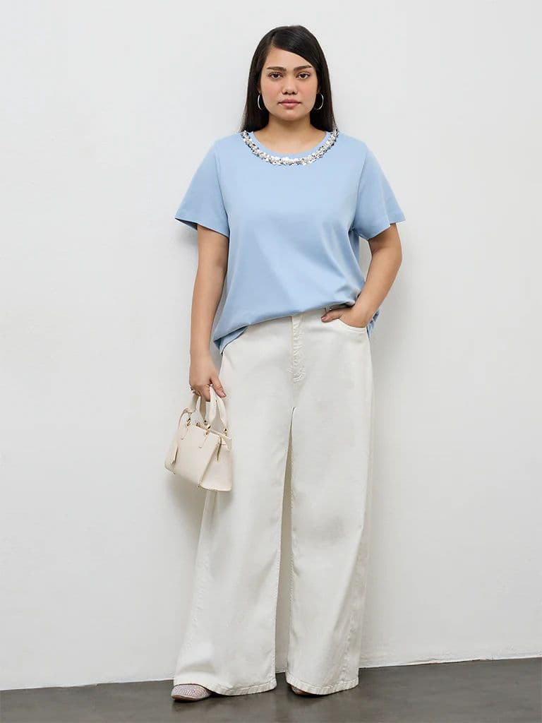 Gia Blue Embellished Cotton T-Shirt — photo 2