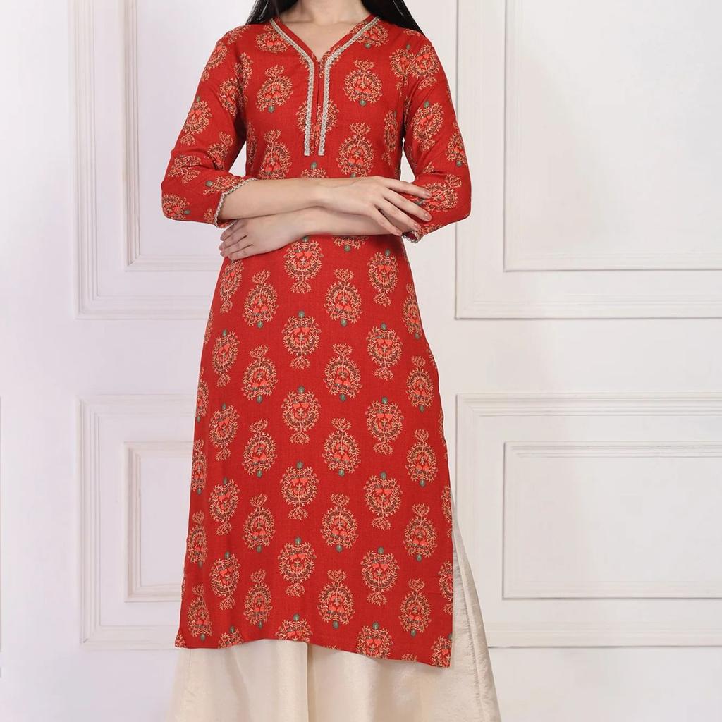 Red Floral Ethnic Printed Lace Trim Straight Rayon Kurta