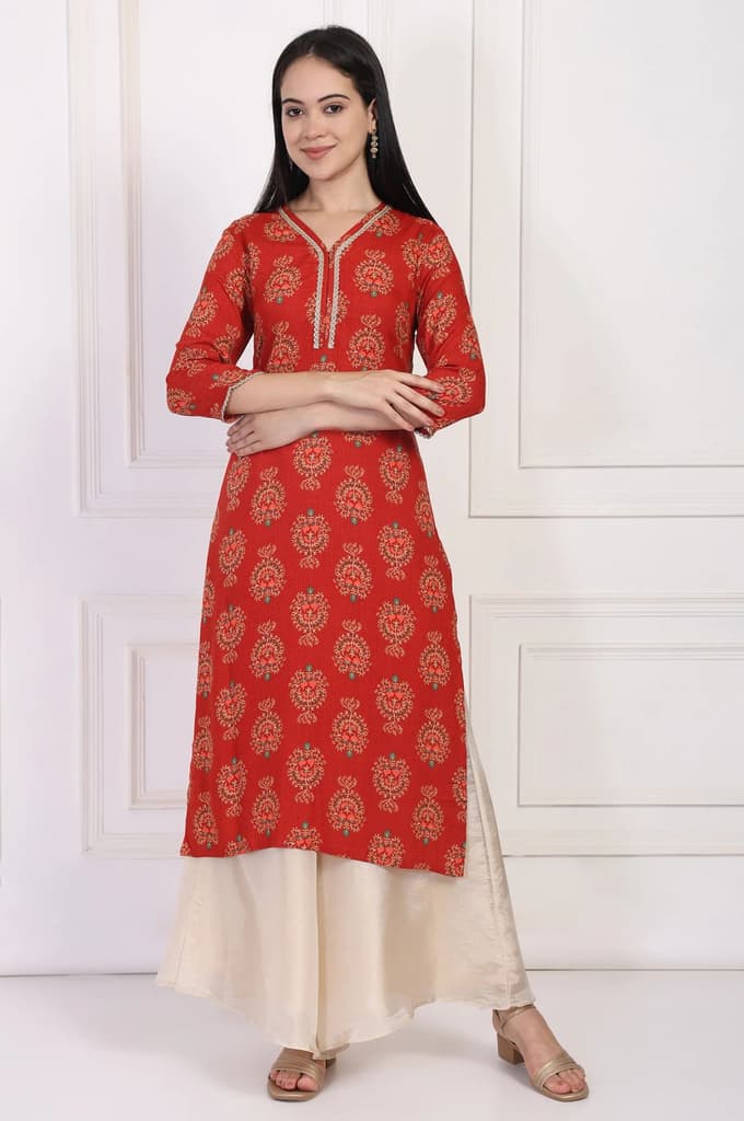 Red Floral Ethnic Printed Lace Trim Straight Rayon Kurta — XS