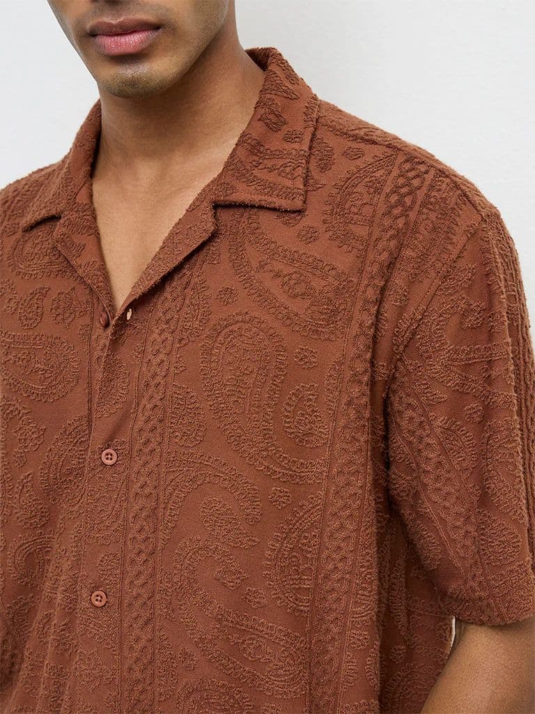 ETA Brown Paisley-Textured Relaxed-Fit Cotton-Blend Shirt — photo 3