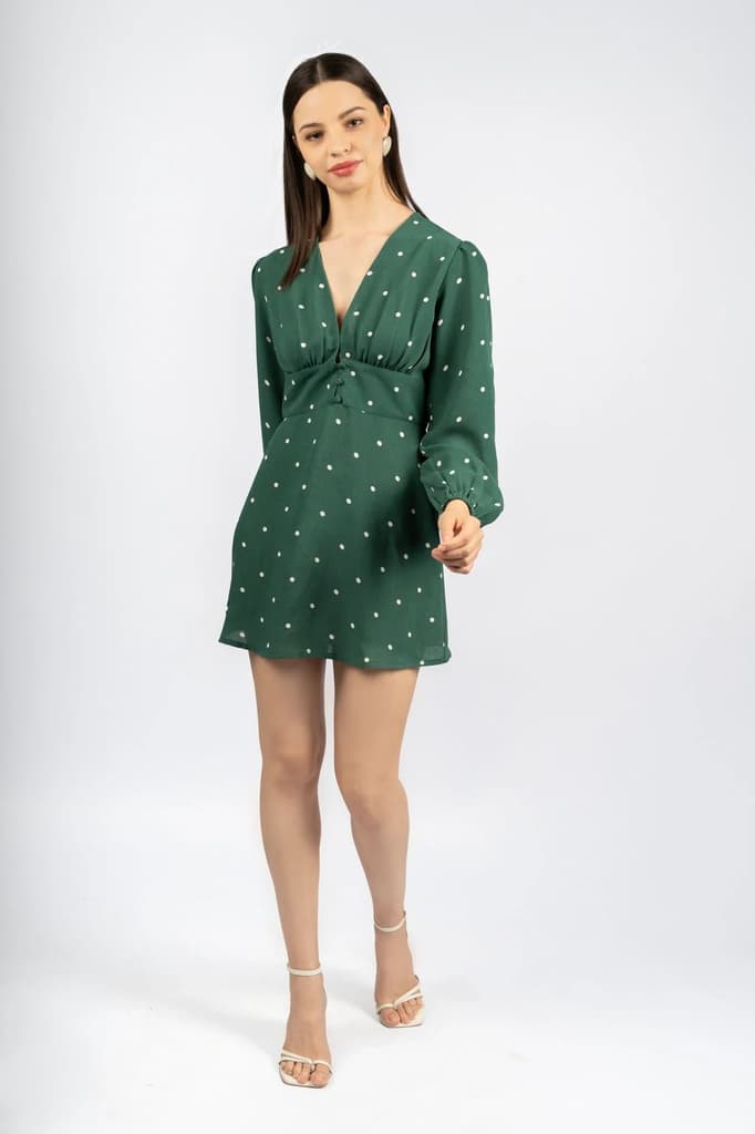 Bottle Green Polka Dot Fit & Flare Dress in Viscose Moss — photo 2